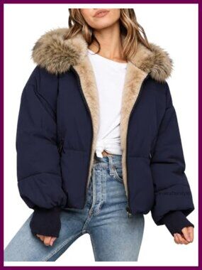 Cropped Puffer Jacket Quilted Hooded Faux Fur Trim Sherpa Lined Winter Coat